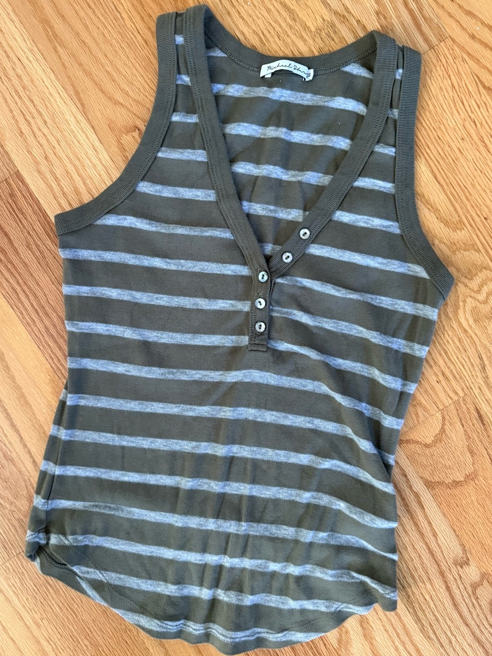 Michael Stars Striped Olive & Gray Henley Tank
